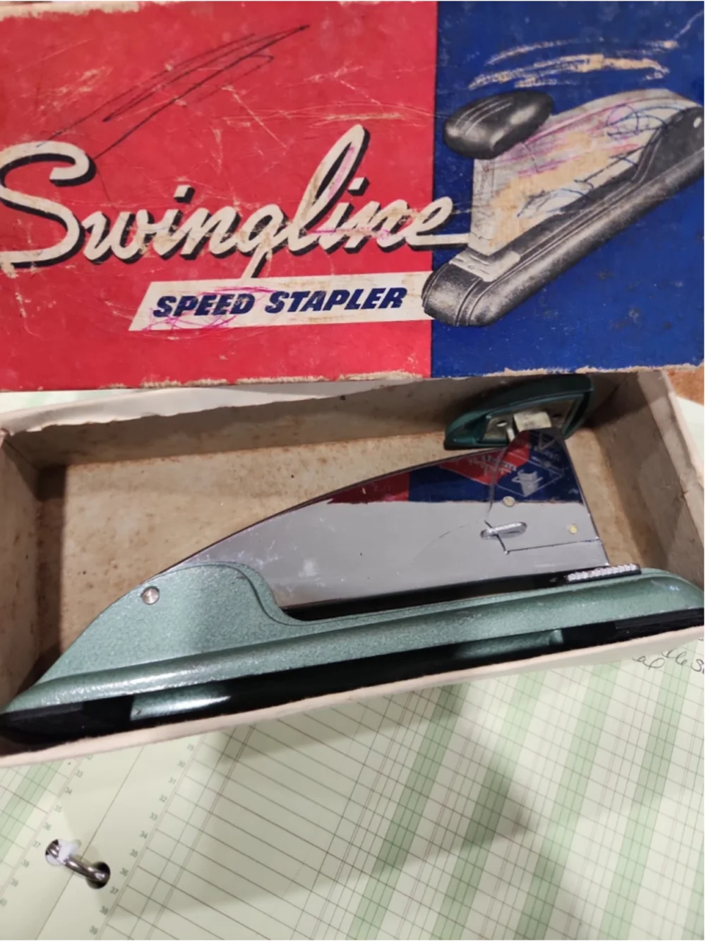 Vintage MCM Mid Century Swingline #4 Speed Stapler In Teal Works Great!